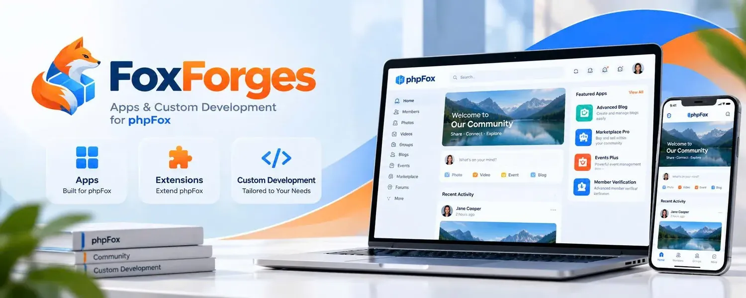 FoxForges apps and custom development for phpFox v5, shown on a laptop and phone